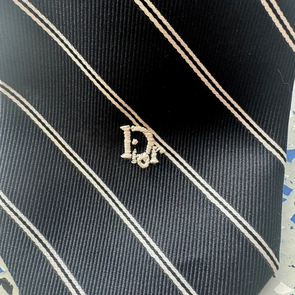 Christian Dior Mens Tie Black Silver Diagonal Stripe Silk Blend Logo Necktie